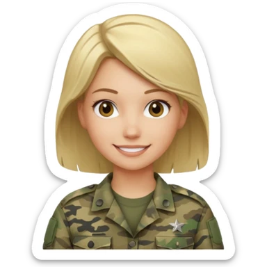 Apple-style emoji: female soldier, bust, no cap/helmet, friendly smile, generic camo top,  black color blonde hair sticker