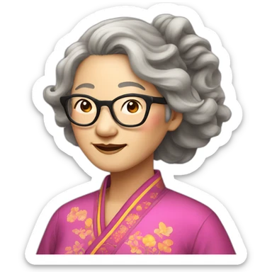 Chinese senior lady with long wavy hair to the shoulder length wear glasses dress colorful Chinese clothes sticker