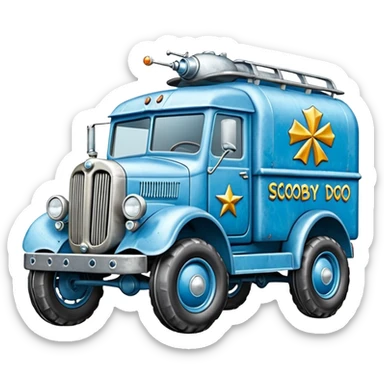 The Flintstones shiny crushed iced-blue frozen Scooby Doo 1915 Lightning Bug busters liquidator’s antique long-wheelbase snub-nose off-road moving truck  sticker