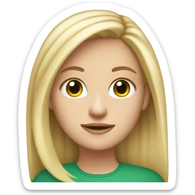 white girl with blonde straight medium length hair and green eyes, and apple laptop sticker