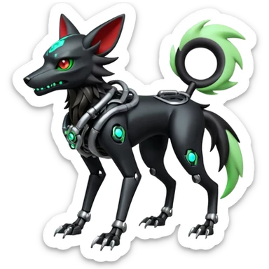 Hyper realistic skeletal black and neon green futuristic shiny colorful mechanical bioluminescent cyber-Cyborg-Poochyena-Lycanroc-Zorua-Litten-Houndoom-Fakémon-Pokémon-Digimon-hybrid-fusion (full body) with a skull face sticker