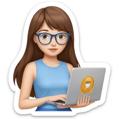 Una chica de color de piel blanca con cabello súper largo con flequillo color marrón y gafas con estilo de periodista súper top, también agrega una lapso en sus manos, también que su vestimenta sea un crop top color azul Celeste  sticker