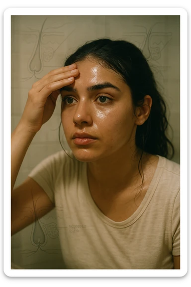 A realistic, cinematic portrait of a young woman in her late 20s with medium skin tone, sitting in front of a mirror in a softly lit bathroom. Her facial skin appears oily with a noticeable shine on her forehead, nose, and cheeks due to overactive sebaceous glands caused by PCOS. Small acne spots are visible along her jawline and chin, highlighting hormonal imbalance. She gently touches her forehead with her fingertips, checking the oiliness with a slightly concerned expression. Her dark hair is tied loosely, showing a few strands sticking to the sides of her face because of excess sebum. Subtle overlays of scientific diagrams of sebaceous glands can be softly blended into the background, symbolizing the overproduction of sebum. The atmosphere is clean and realistic, with warm daylight tones and a soft depth of field, ensuring emotional connection while maintaining medical educational value. 35mm film style, highly detailed skin texture and reflections on the oily areas for a hyperrealistic effect in italiano sticker