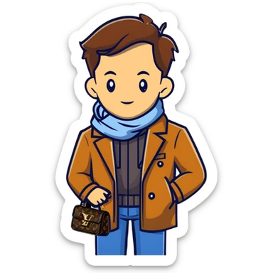 elegant man wearing Louis Vuitton coat and scarf with the iconic LV monogram sticker