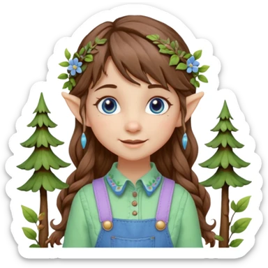 Kind happy whimsical quirky Girl toymaker, wood carving elf. Woodland nature creator. Blue eyes. brown hair (just below chin length) wavy hair & bangs. Whimsical playful cute. Overalls with nature embroidered cute shirt collar. Light green, light purple and light blue colour aesthetic  sticker