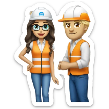 (madison beer as barista) standing next to (handsome blonde man, no beard but with mustache, blue/green eyes, glasses, wearing white hard hat that says ”gmc” in orange letters, orange safety vest, blue shirt on) sticker