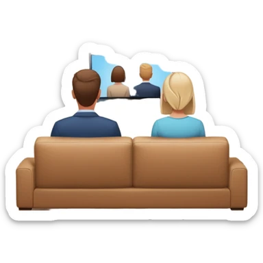 A man and a women photographed from behind, sitting on a sofa and watching the news on TV on a modern flat screen. The setting is a living room. sticker