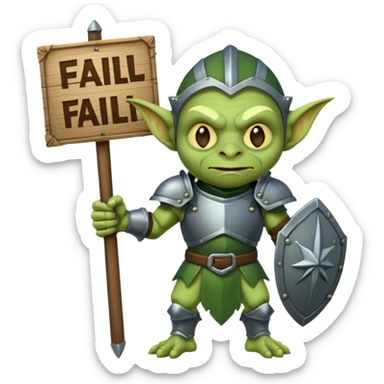 A glgreen colored goblin clad in armor holding a wooden sign that reads "Fail". sticker