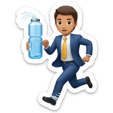 Business executive running marathon in suit next to water cooler sticker