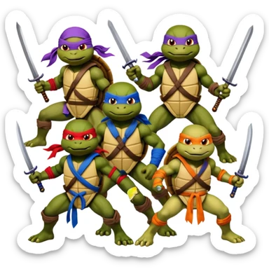 Vector emoji sticker of 4 Ninja Turtles: Leo (blue/swords), Raph (red/sais), Donnie (purple/staff), and Mikey (orange/nunchucks). Action poses, NYC rooftop, pizza box, bold comic style, white border. ONLY 4! sticker