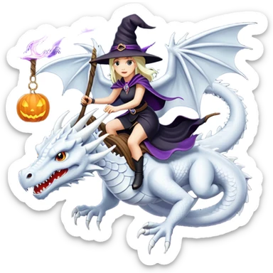 Big white dragon flying with a witchy female rider on top of it sticker