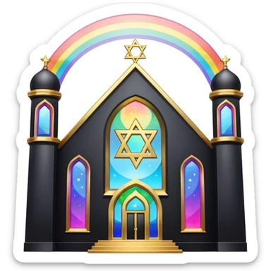 jewish synagogue temple in dark goth aesthetic style with black building and very light tint glass windows that are rainbow if looked at together. and star of david and celestial symbolism sticker