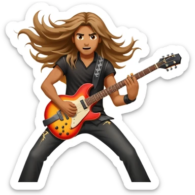 An icon showing a rock musician wielding a guitar in an epic battle, inspired by Brutal Legend. The design features fiery backgrounds, musical notes floating in the air, and electrifying stage lights, capturing the power of music and combat. Transparent background highlights the energy. sticker