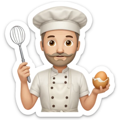 Middle aged male pastry chef - with a small beard, apron, white hat, holding an egg beater in one hand and naturally drooping in the other hand sticker