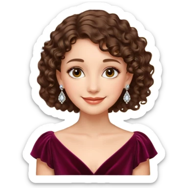 young elegant lady, short curly brown hair, velvet dress, chandelier earrings, gentle expression sticker