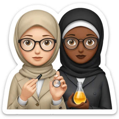 one white woman with hijab and glasses detective + one black woman without hijab and glasses detective  hand lens in one hand, hat etc sticker