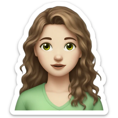 Messy long brown haired girl with green eyes, pale skin and little birthmark on neck sticker