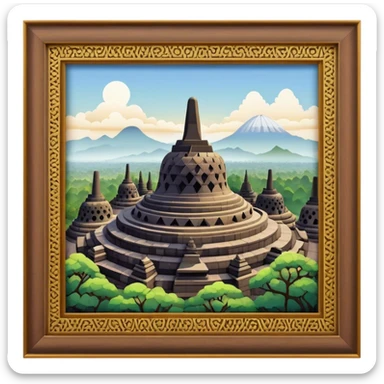 Cinematic Realistic Borobudur Landmark Emoji, showcasing the majestic ancient Buddhist temple rendered with intricate textures and serene, historic lighting. sticker