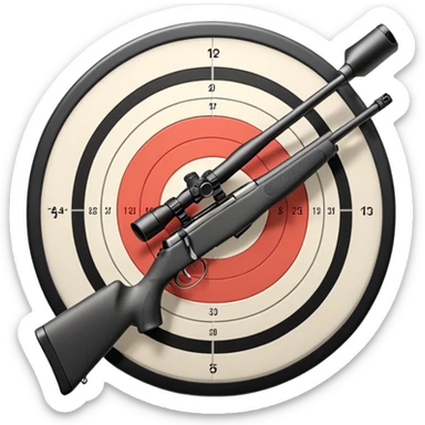 A detailed image of a rifle aimed at a target, with the target's concentric rings clearly visible. The focus is on the precision and accuracy of the sport, with the rifle positioned in front of a neutral background, emphasizing the equipment and the competitive nature of shooting. sticker