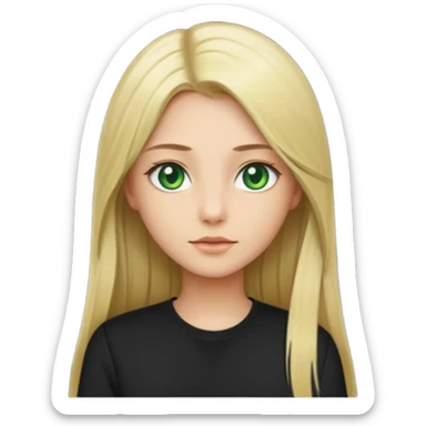 Long straight blonde hair with green eyes and black shirt sticker