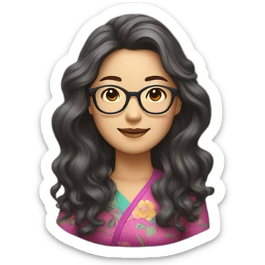 Chinese lady with long wavy hair to the shoulder wear glasses wear colorful top sticker