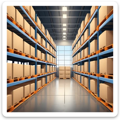 Modern warehouse interior 🏭 ultra-realistic 4K 📸 industrial shelves 📦 pallets stacked neatly 🏗️ soft lighting 💡 realistic shadows 🌑 sharp focus 🔎 cinematic depth 🎬 professional photography ✨ sticker