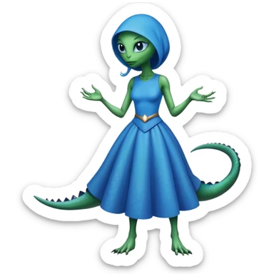 a reptilian alien woman full body, in blue dress sticker