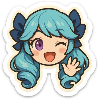 chibi style Gwen from League of Legends, only head, right eye purple, waving hi, frame 3: hand at highest point, big smile sticker