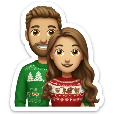 White couple, girl with long brown hair and boy with brown hair and beard, christmas sweaters, celebrate sticker