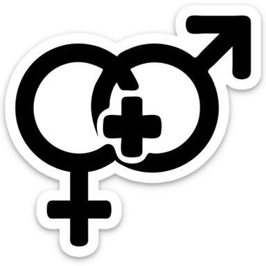 Interlocking gender symbols with subtle medical cross, representing sexual health clinic sticker