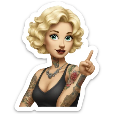 Blonde elegant women, her Body Covered with Tattoos, POINTING YOU with her ONE HAND , Hyper realistic sticker