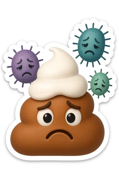 emoji stile iphone 3d di una cacca con muco bianco sopra, dietro cui fluttuano batteri intestinali tristi, iperrealistiche 4k sticker