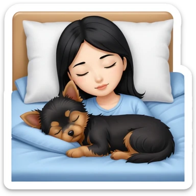 pretty asian girl with black hair sleeping in bed with small yorkshire terrier sticker