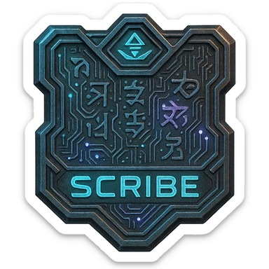 a metal insignia badge for a "scribe", space scifi-futuristic cyberpunk futurepunk sticker