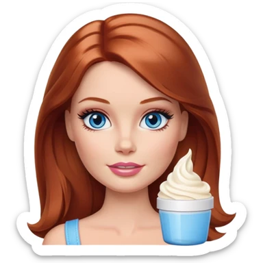 A Barbie face blue eyes with shoulder-length reddish brown hair, makeup with cream on face on her head sticker
