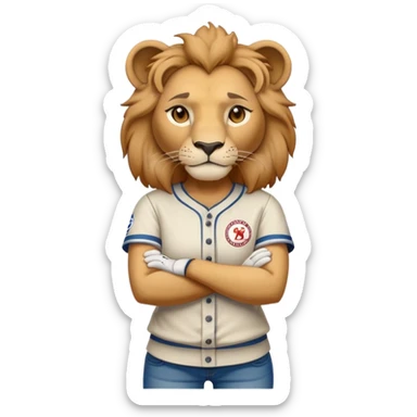 friendly anthropomorphised female lion wearing a baseball shirt, jeans, trainers, standing upright with arms folded, looking very determined sticker