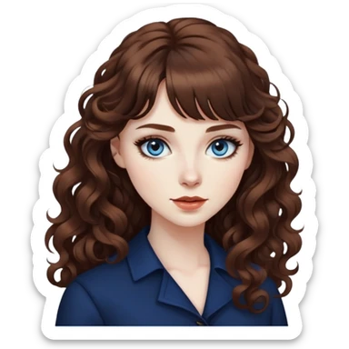 pale skin, brown bangs long curly hair, dark blue eyes, black eyeliner, pretty bratz baddie sticker