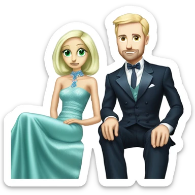 light green skin alien blonde woman in long slim pastel blue formal party satin dress with gradient shiny sparkling navy blue diamonds embroidered , and caucasian man in black dress, sitting on a white couch  sticker