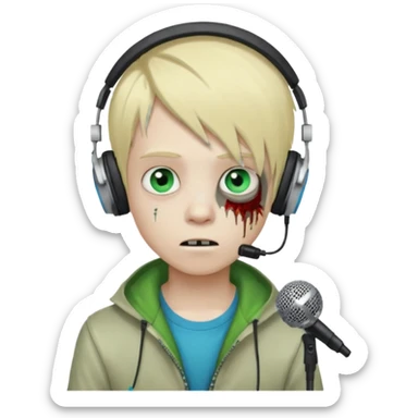 boy zombie whit blonde emo hair and eyes blue and green skin and heandphones and a microfone sticker