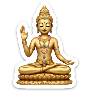 a golden statue of a Hindu deity seated in a yogic posture with one hand in a blessing gesture, adorned with ornate jewelry�. The figure sits on a decorated pedestal, radiating a sacred and traditional aura�. sticker