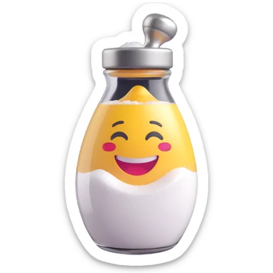 3D emoji style salt shaker, tilted as if pouring, silver top, clear body, simple and expressive sticker