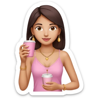 a pretty fair indian bratz girl with a pink cami top, drinking takeaway brown coffee, golden dainty necklace and carrying a white bag sticker