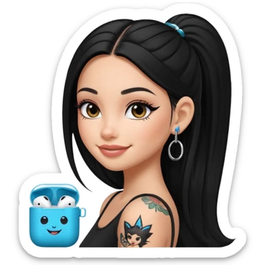 generate a pretty bratz girl with black long straight hair and airpods on, tattoo on shoulder, eyeliner on sticker