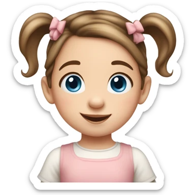 A toddler girl with 2 tiny pig tails on top of her hair with tiny bows, fair skin, blue eyes, brown hair, smiling, wearing a pastel shirt sticker