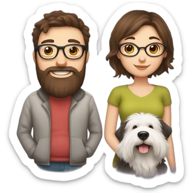 Pregnant girl with half long brown hair with glasses, a boy with long beard, glasses and short hair and english sheepdog sticker