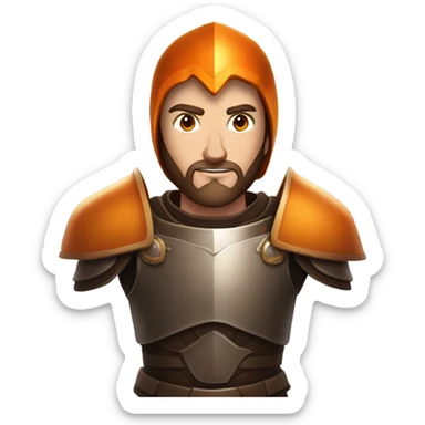Confident White Man with dark brown hair and a short beard wearing large orange plate armor and eyes made out of orange light sticker