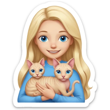 blonde girl with long hair and blue eyes smiling with a sphynx cat in her arms, emoji style sticker