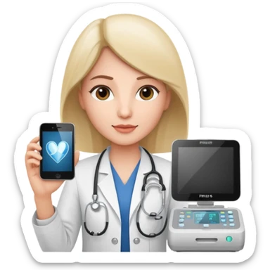 Cardiac sonographer with Philips ultrasound machine sticker