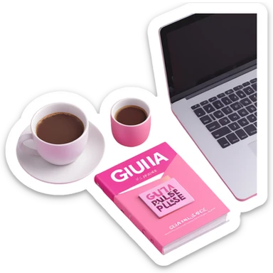 pink magazine with the title 'Guia Pulse' on the cover, next to a coffee cup and a MacBook sticker