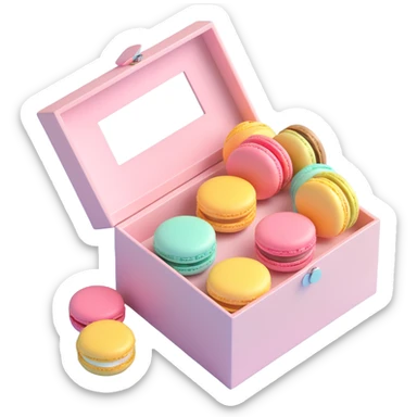 luxury box of macarons, metallic accents, pastel colors, soft reflections, elegant and modern look, iOS 3D emoji style sticker